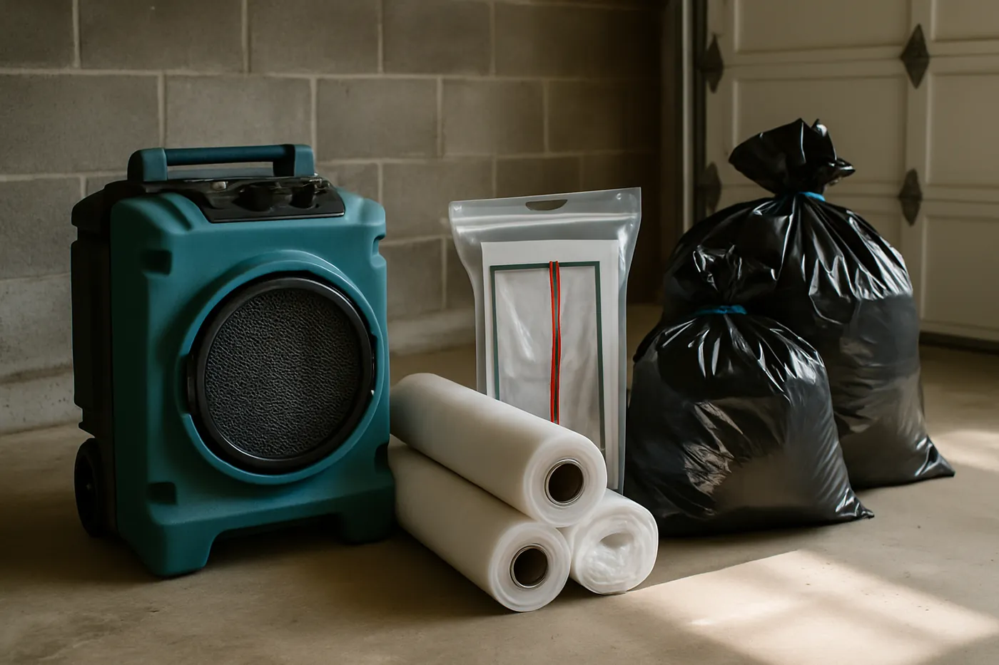 HEPA scrubber and containment materials staged at a Callahan home